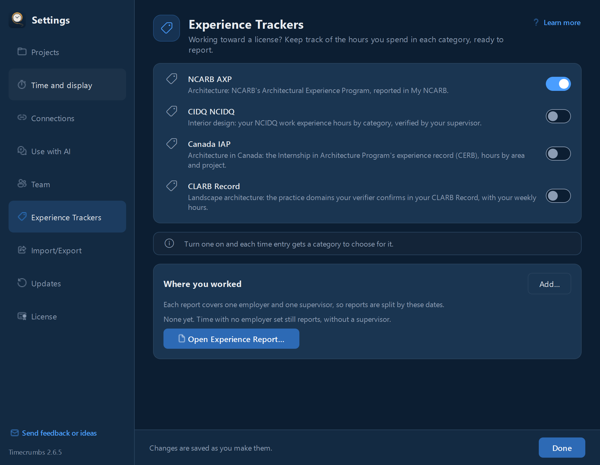 Settings, Experience Trackers: turning on NCARB's AXP and the other trackers.