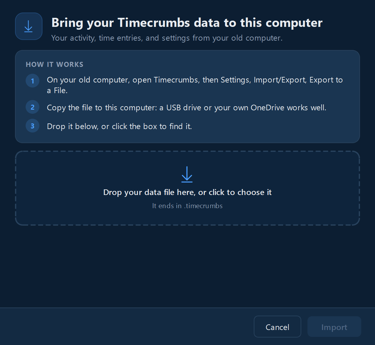 Importing a Timecrumbs data file on the new computer.