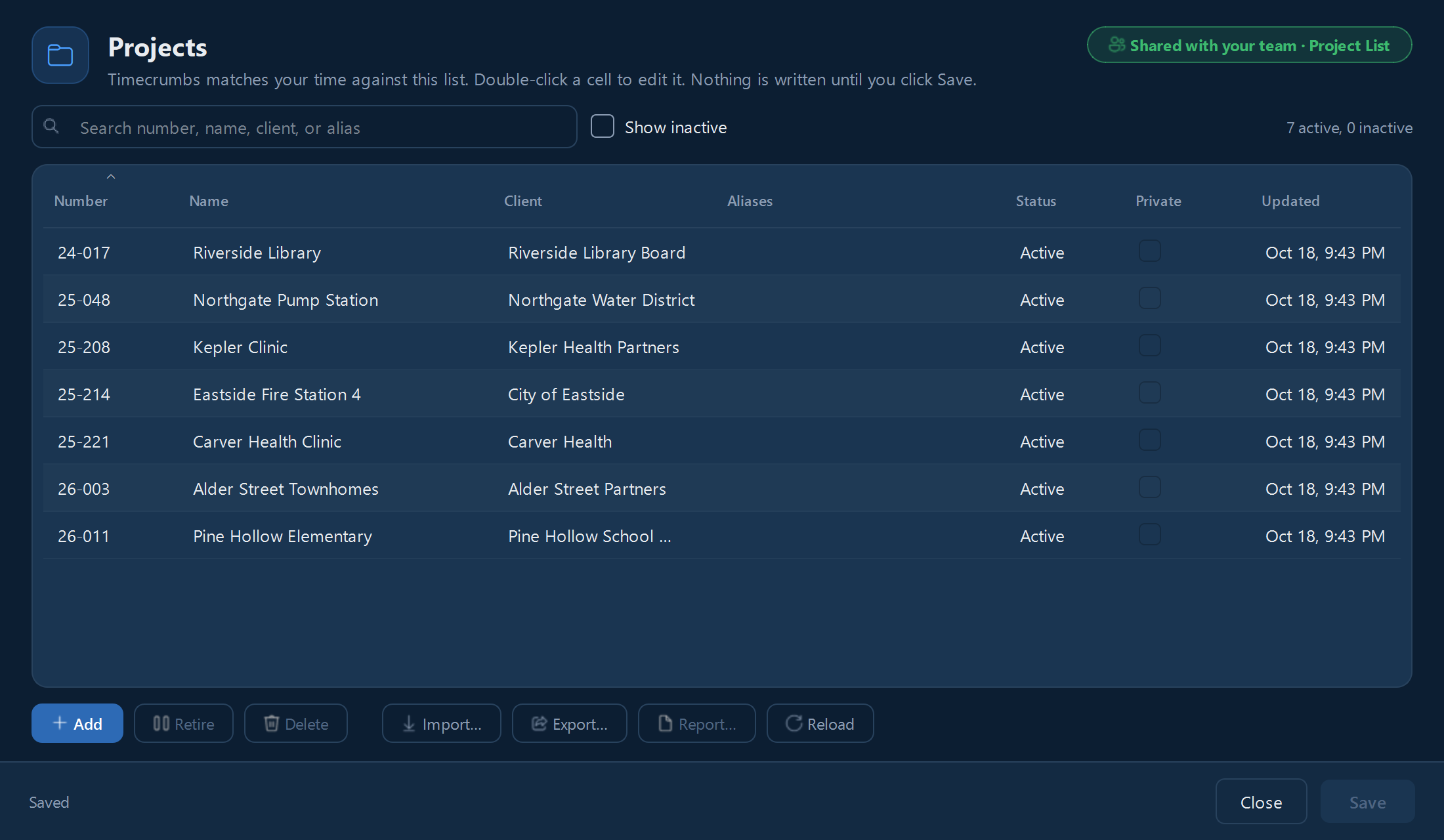 The Projects window: each project's number, name, client, and status, with the green Shared with your team button beside the title.