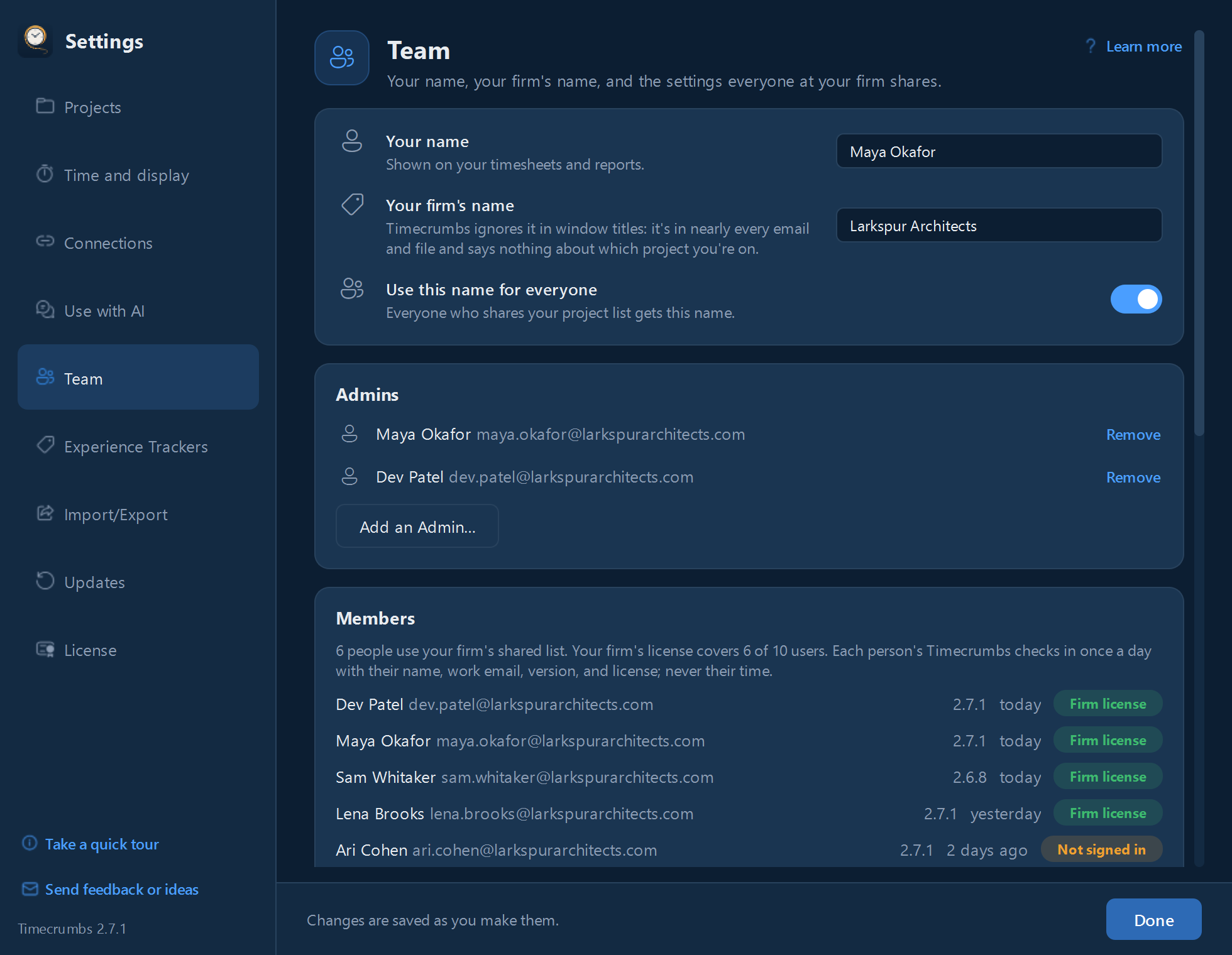 Settings, Team: your name, the firm's name, the Admins list with Add an Admin, and the start of Members.