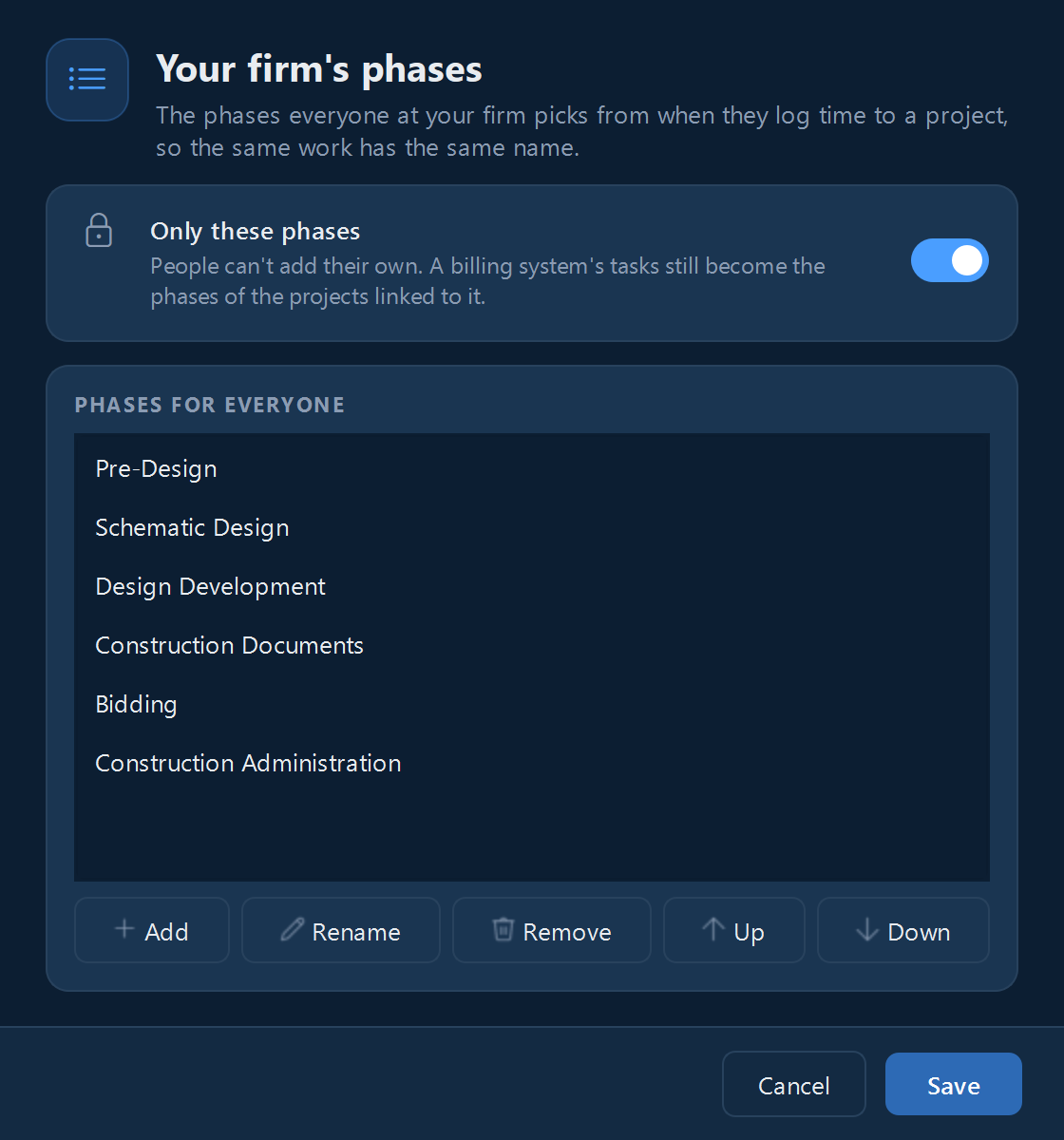Your firm's phases: the list everyone picks from, with Only these phases turned on.