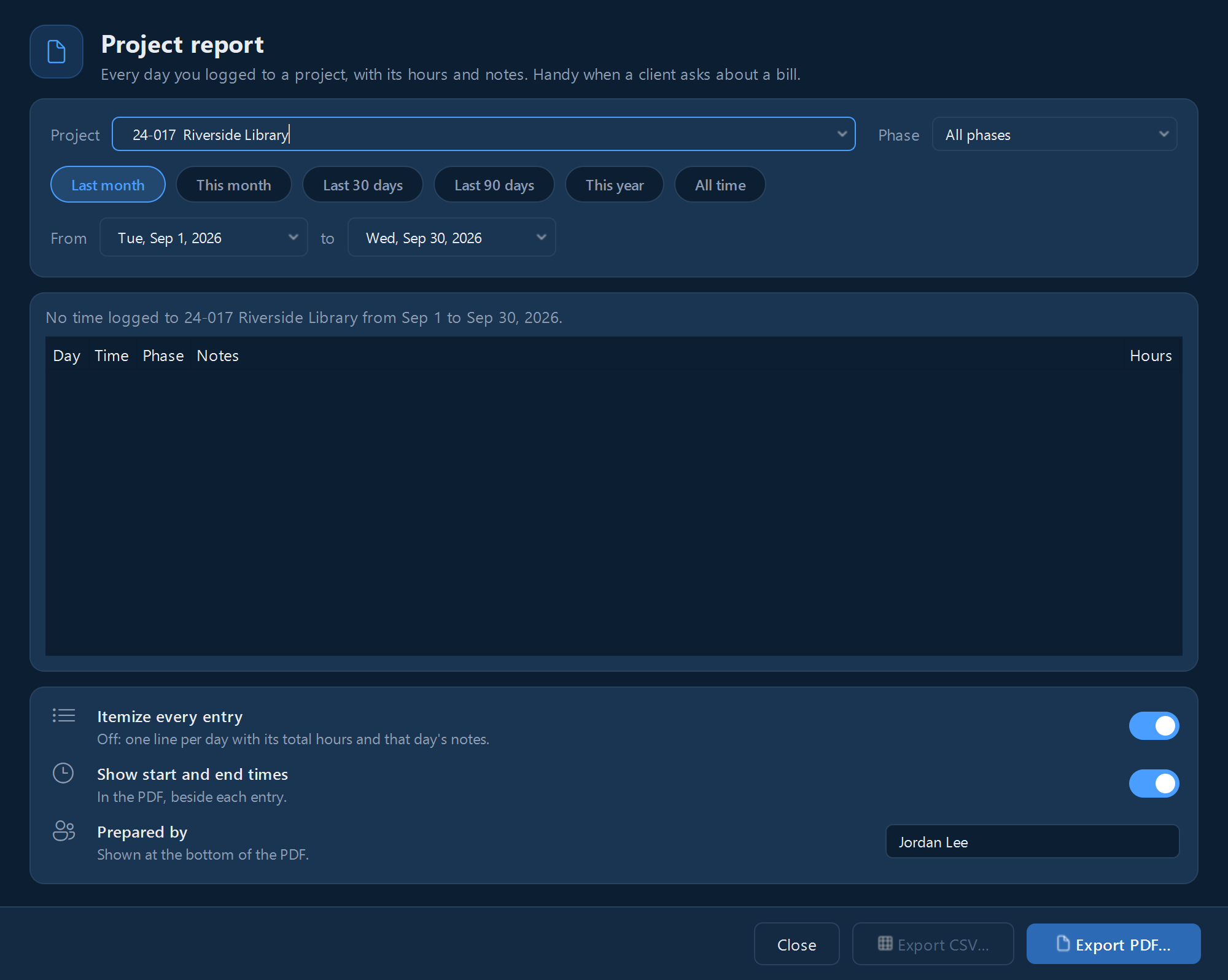 A project report: one project's hours and notes over any dates.