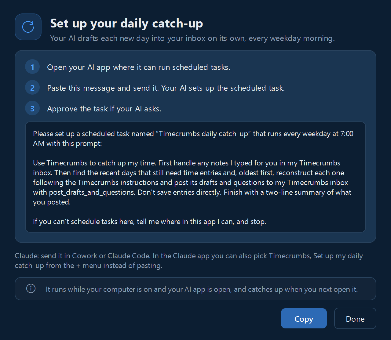 Setting up the daily catch-up: the message to give your AI app.
