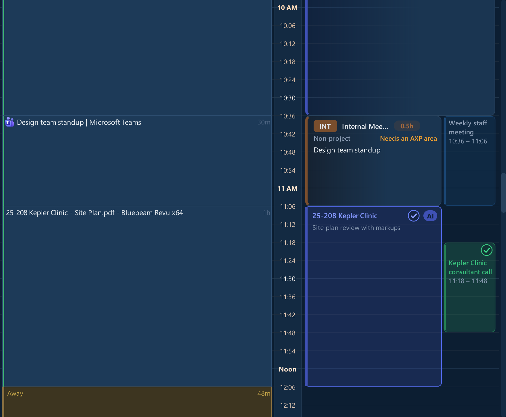One day's Activity Log beside its Time Entries: an internal meeting entry, an AI draft with its check, and calendar meetings as tabs in their own lane at the right, one with a check to log it.