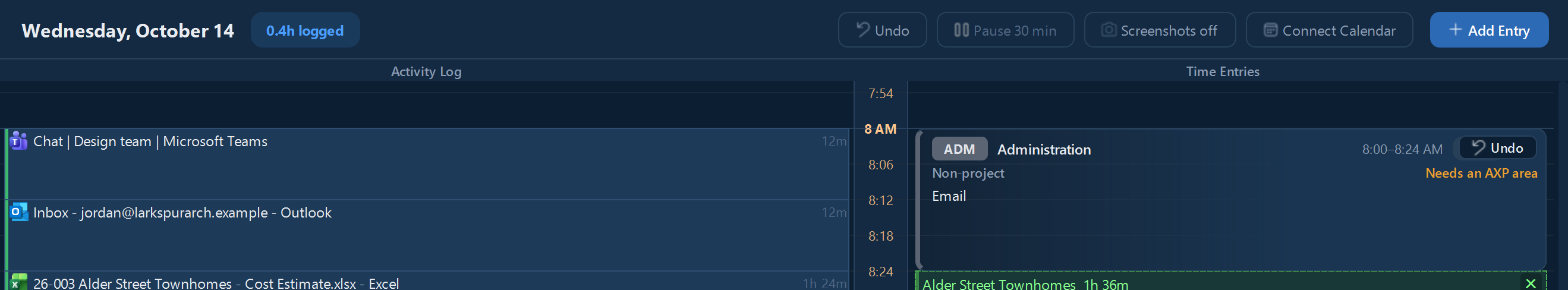 Right after a change: the day's header shows Undo, and the entry just changed shows its own Undo button.
